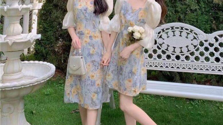 ดอกไม้สีเหลือง แขนพองแนวสาวเกาหลี เดรสกระโปรงสั้น-ยาว ผ้านิ่ม  กระโปรงยาว