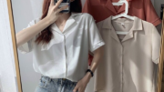 สไตล์ใหม่เสื้อเชิ้ตสีขาวผู้หญิงฤดูร้อนเกาหลีหลวมเสื้อเชิ้ตแขนสั้นสบาย ๆ