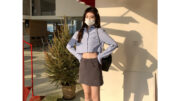 ส่งมาจากไทย PB2979 เสื้อเชิ้ตลายทางคอปกแขนยาวงานปักตัวอักษรผู้หญิง เสื้อครอปแบบมีกระเป๋าสไตล์เกาหลีแฟชั่น