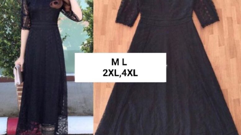 เดรสลูกไม้ดำ!!! M-4XL Maxi Dress เดรสสีดำผ้าปักลายแขนสามส่วน งานป้าย Love love